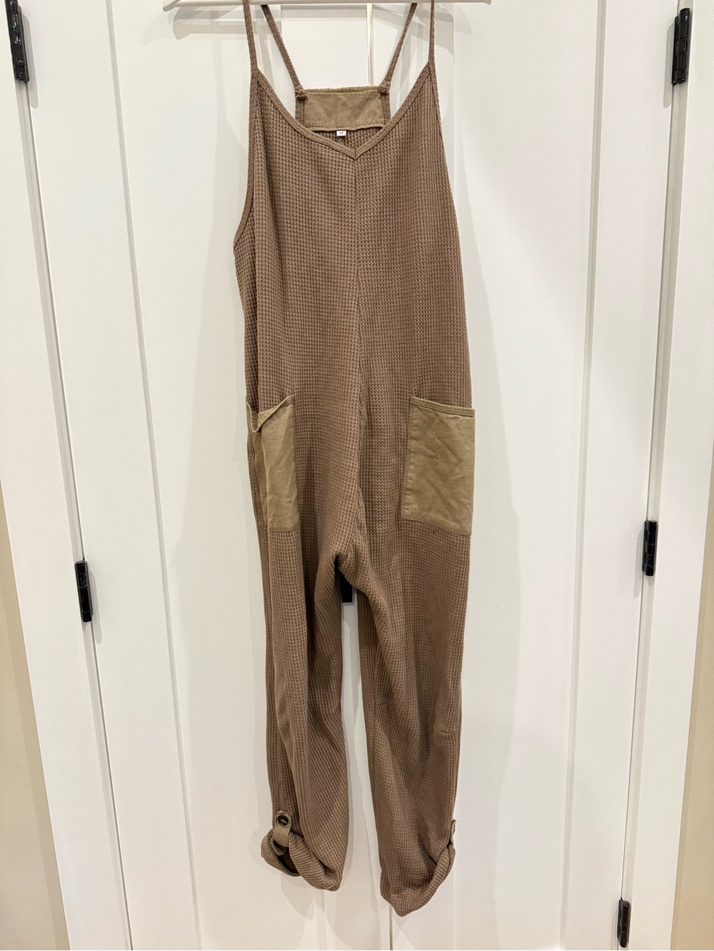 Women’s Tan Waffle Knit Jumpsuit with Patch Pockets
